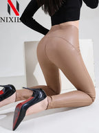 Leggings de piel sintética para mujer con cintura alta – Weich, elastisch &amp; leicht gefüttert, figurbetonte Winter Leggings in Schwarz 