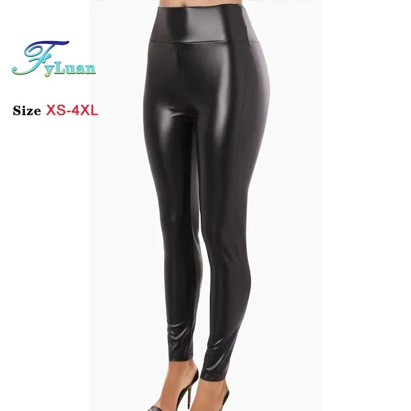 Dames PU Lederleggings Taille Haute – Mat Push-Up Leggings mit Doppelreißverschluss, Stretch &amp; Knöchellänge 