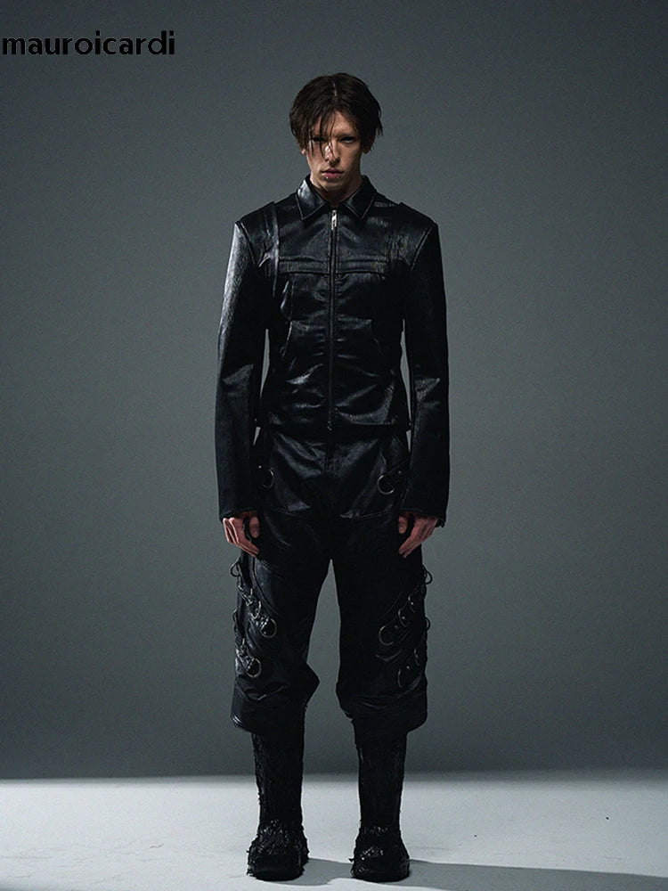 Herren PU Lederhose Motorrad-Stil – Lange schwarze Designer Kunstlederhose, maskuline Casual Lederhose für Frühling & Herbst 2024