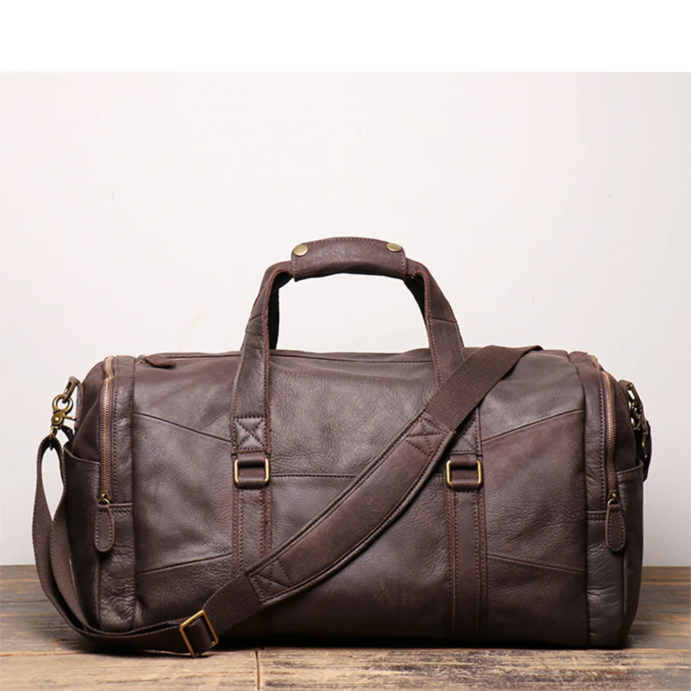 LUOKIR Retro Leder Reisetasche aus echtem Rindsleder – Große Cowhide Duffle Bag als Handtasche & Crossbody, Unisex Reise- und Weekender Tasche