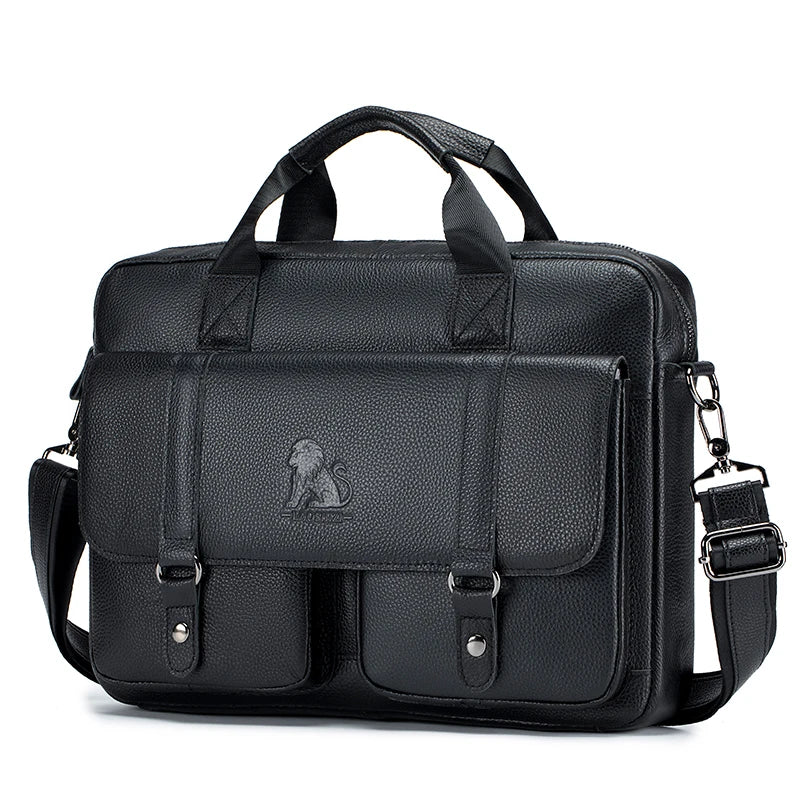 LAOSHIZI Herren Leder-Aktentasche – Echtleder Business Briefcase mit Doppel-Vortaschen & Laptopfach