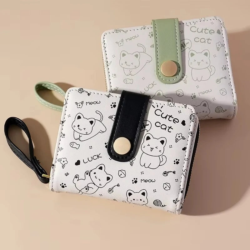 Japanische Cute Cat Damen Geldbörse – Kurze Studentinnen-Wallet mit Zipper, Kartenfächern und Münzfach