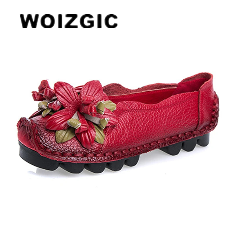 WOIZGIC Damen Flats BC-589 – Handgefertigte Ledermokassins mit Blumen, Mocassins à enfiler, Rétro et grande taille