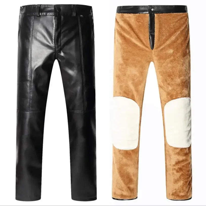 Herren Winter PU Lederhose mit Fleece-Futter – Extra warme Kunstlederhose in großer Größe, bequeme Casual Winterhose