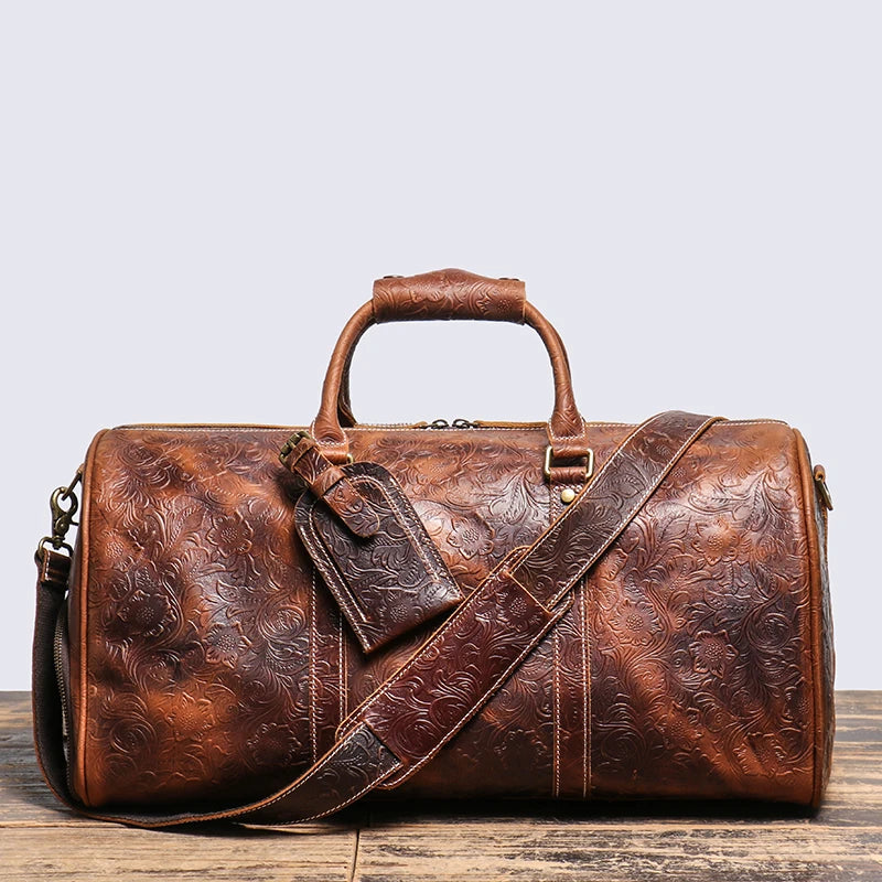 LEATHFOCUS Vintage Leder Reisetasche – Geprägte Duffle Bag aus echtem Rindsleder, große Business-, Wochenend- &amp; Sporttasche für Damen &amp; Herren
