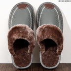 Herren Winter Hausschuhe aus PU-Leder – Warme Indoor Slipper mit Plüschfutter, Rutschfeste &amp; Wasserabweisende Lederschuhe für Zuhause 
