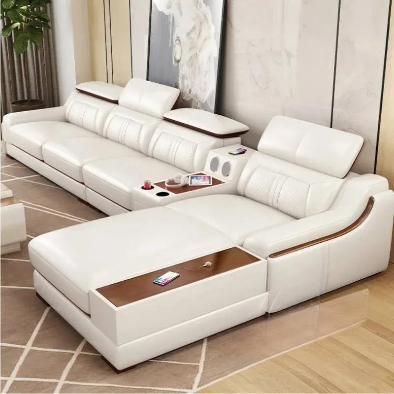Nordisches Designer Leder Ecksofa – Modernes L-Form Sofa aus echtem Leder mit Relaxfunktion & Stauraum für das Wohnzimmer