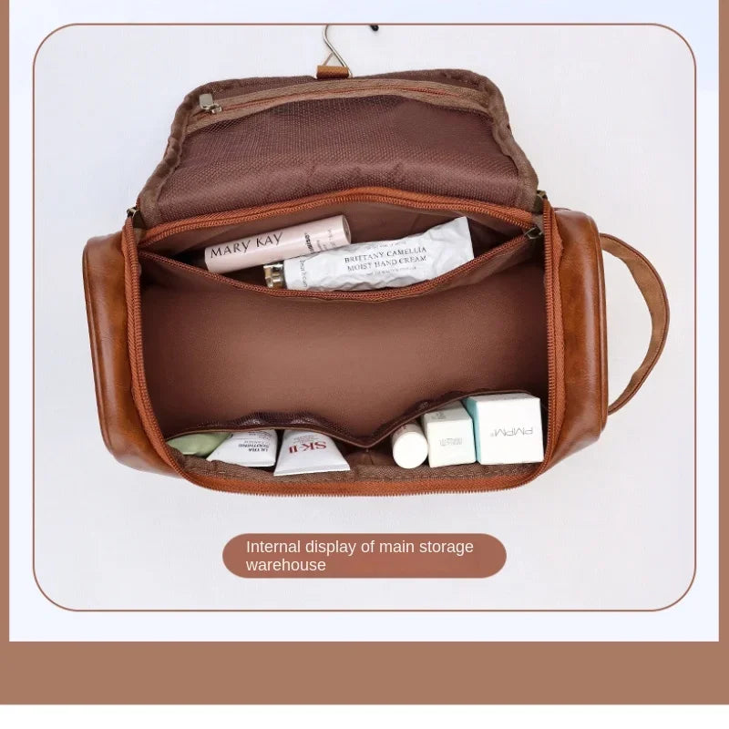 Hängender Kulturbeutel aus PU-Leder – Großer Reise &amp; Washbeutel mit Double-Fach für Herren 