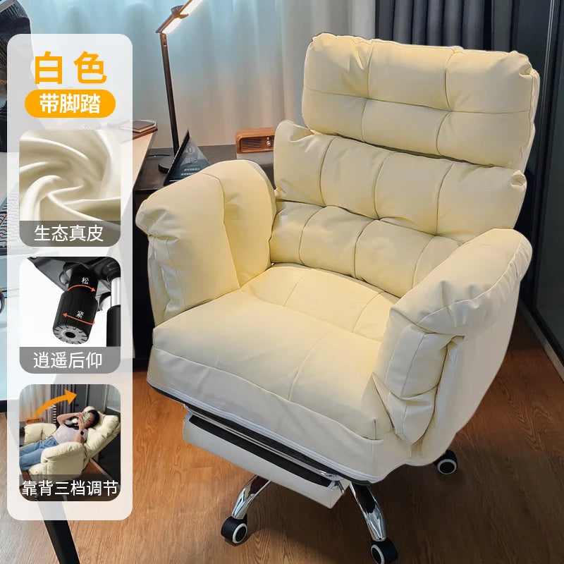 Ergonomischer Relax-Bürostuhl aus Echtleder mit Fußstütze – Verstellbarer Lazy Office Chair mit Liegefunktion, Rollen & Drehmechanik für Homeoffice & Schlafzimmer