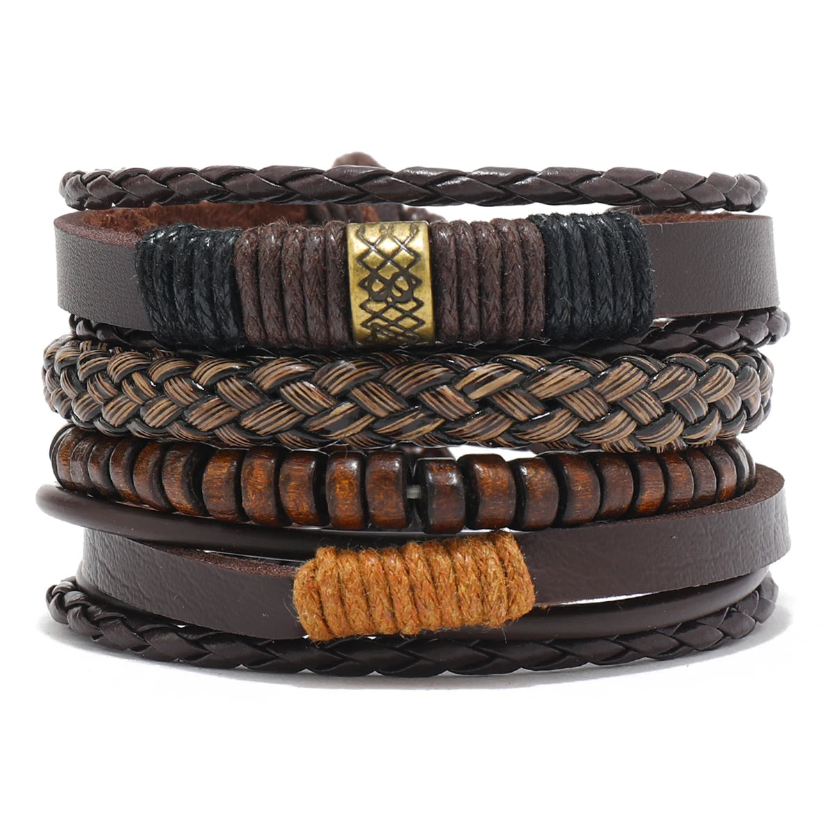 Vintage Lederarmband für Herren – Mehrfach geflochtenes Armband mit braunen Holzperlen, verstellbares Zugband im klassischen Stil