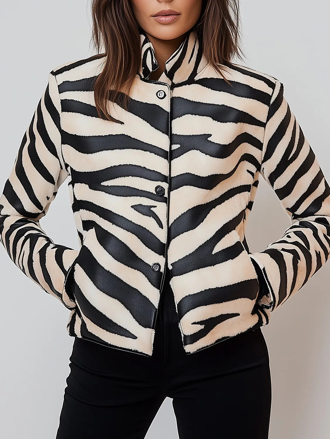 Damen PU Lederjacke mit Zebra-Streifen – Elegante Retro Jacke mit Stehkragen, Knöpfen & Taschen für Frühling & Herbst