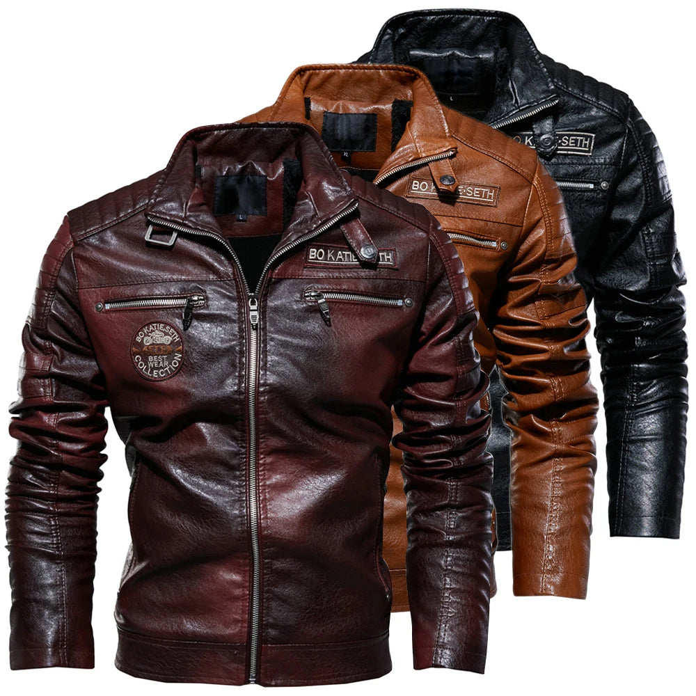 Herren Winter Motorradjacke aus Kunstleder – Slim Fit Bikerjacke mit warmem Fleece, Winddicht & Klassischem Kragen, Farben: Schwarz, Braun & Bordeaux