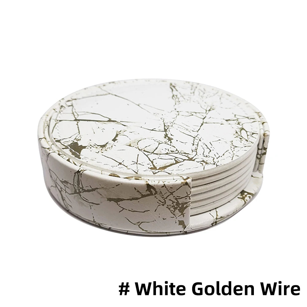 6er Set Kunstleder Untersetzer in Marmor-Optik mit Halter – Rutschfeste & wasserdichte Getränkeuntersetzer für Bar, Küche & Esstisch