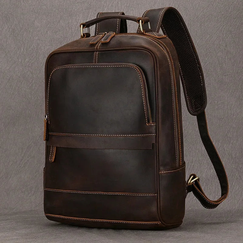 Vintage Herren Rucksack aus Crazy Horse Leder – Mochila retro para ordenador portátil más grande aus echtem Leder para viajes y negocios 