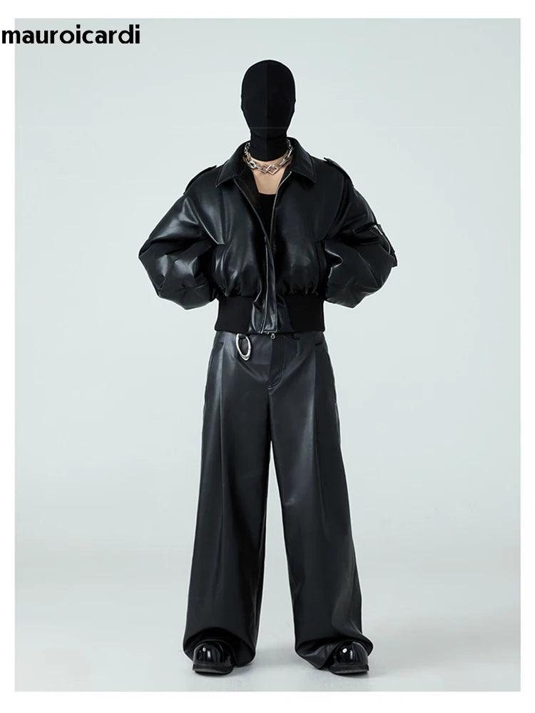 Mauroicardi Herren PU Lederjacke Schwarz – Kurze, Warme Designerjacke mit Baumwollfutter &amp; Reißverschluss für Herbst &amp; Winter