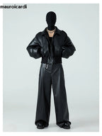 Mauroicardi Herren PU Lederjacke Schwarz – Kurze, Warme Designerjacke mit Baumwollfutter &amp; Reißverschluss für Herbst &amp; Winter