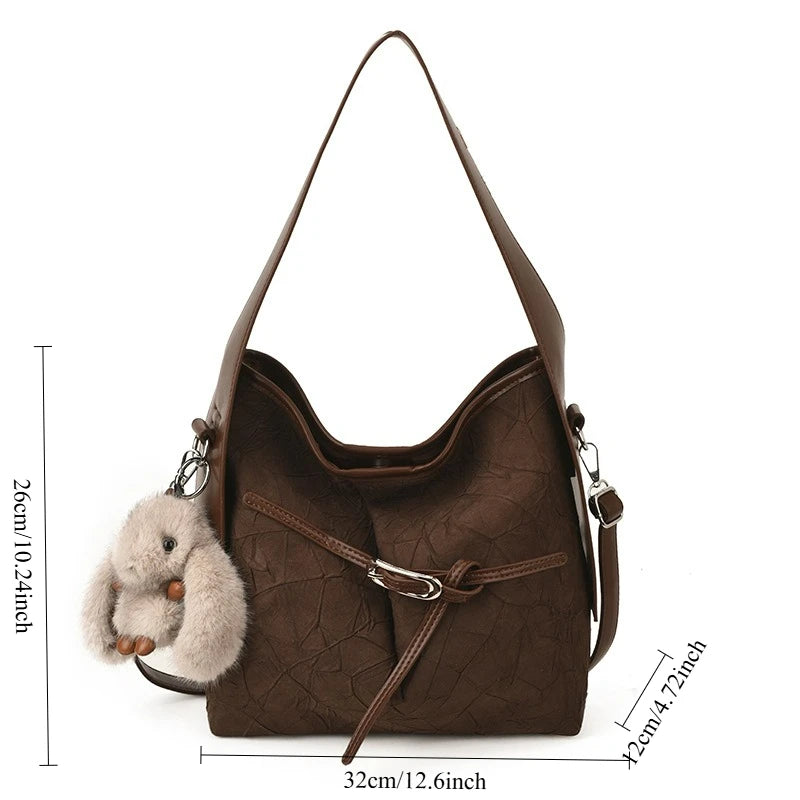 Dames Schultertasche – Sac seau rétro en cuir PU avec autocollants, grande capacité et grand confort