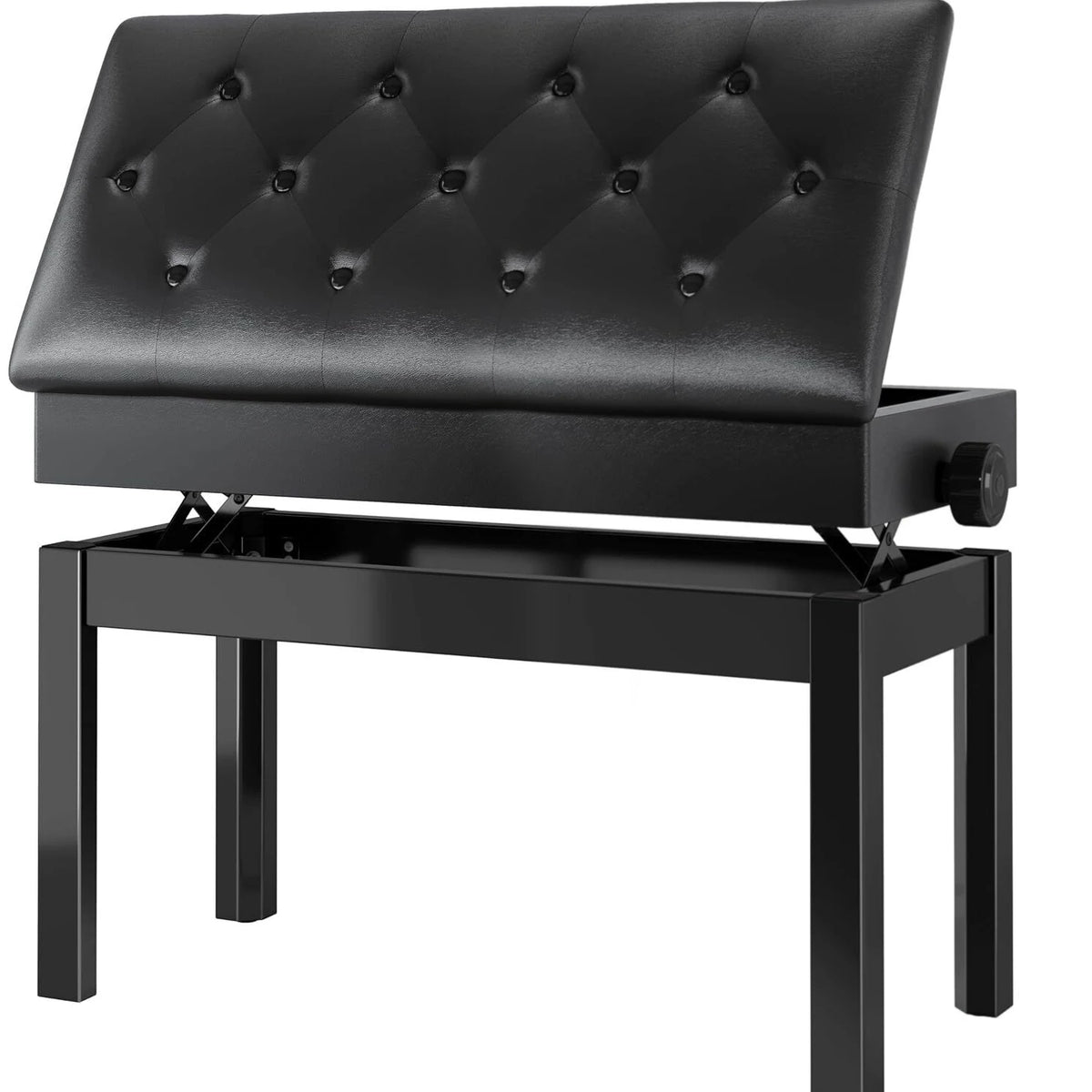 Höhenverstellbare Klavierbank mit Stauraum – Robuste Piano Bench mit Lederkissen aus Massivholz, schwarz, für Einzel- & Doppelsitz