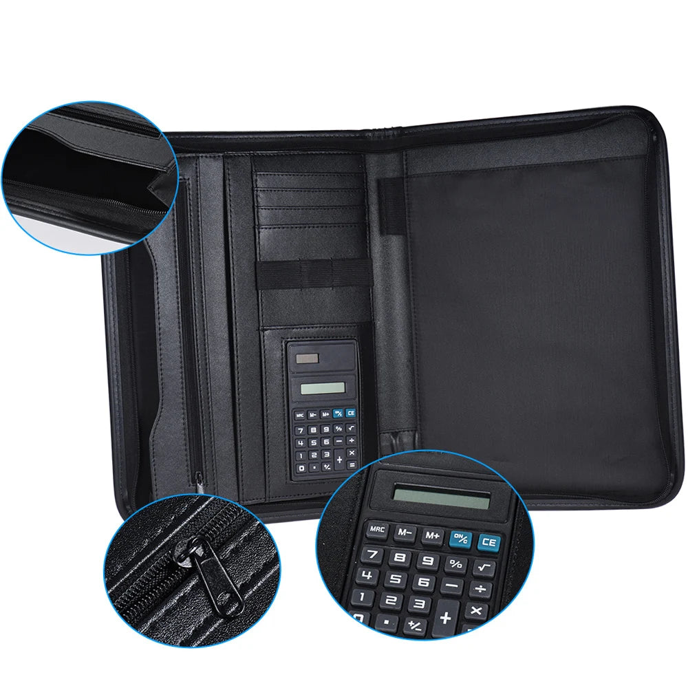 Portafolio de negocios de cuero PU A4 con Reißverschluss &amp; Rechner – Portafolio profesional de documentos para oficinas y reuniones