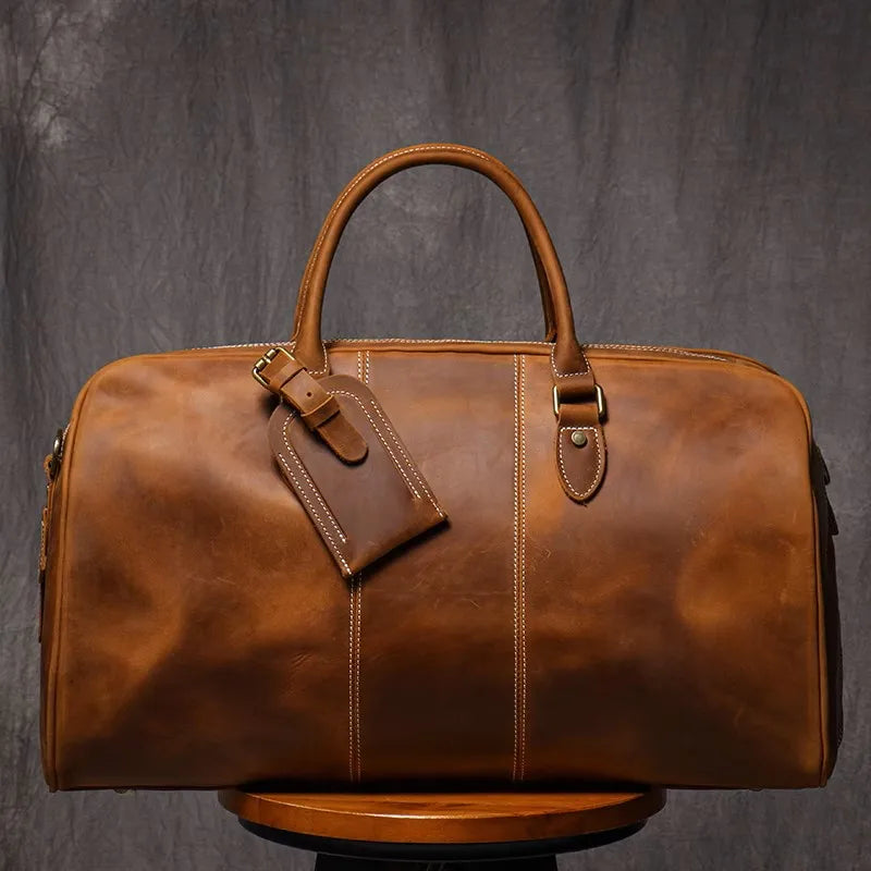 LEATHFOCUS Vintage Reisetasche aus echtem Rindsleder – Bolso grande de viaje y bandolera de cuero Crazy Horse, apto para portátil de 14 pulgadas 