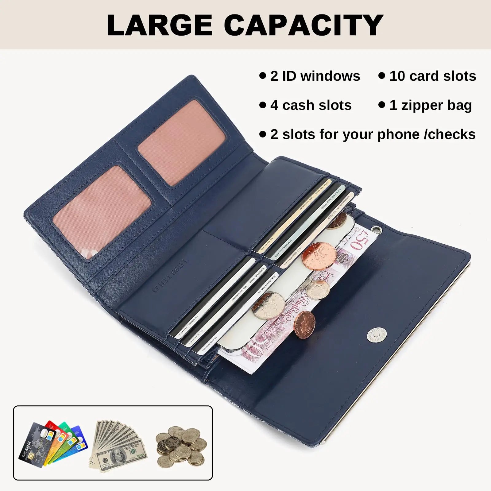 Miss Lulu Damen Geldbörse – Bunte Langbörse aus PU-Leder mit großem Fassungsvermögen und Kartenfächern