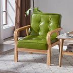 Nordischer Retro Holzstuhl mit Armlehnen – Minimalistischer Wohnzimmerstuhl aus Massivholz mit Lederbezug, Moderner Lounge- &amp; Sesselstuhl