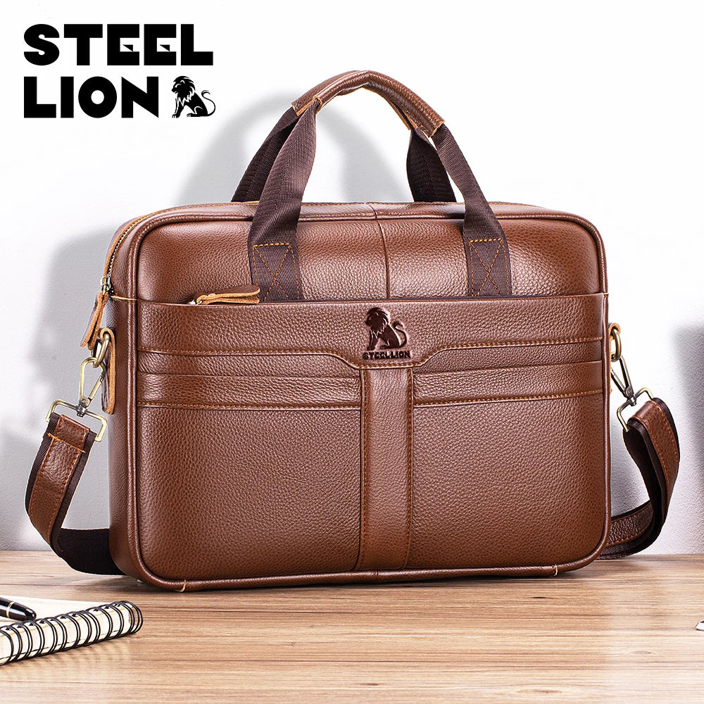 STEEL LION Herren Leder-Aktentasche – Große Business- und Laptop-Tasche aus Cowhide, Hand- und Schultertragbar