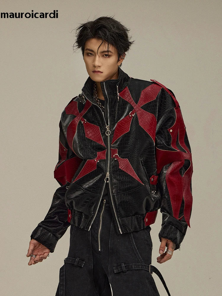 Herren PU-Lederjacke mit Krokodil-Prägung – Kurz geschnittene Designer Jacke im Colorblock Look, Luxury High-Street Style für Frühling & Herbst