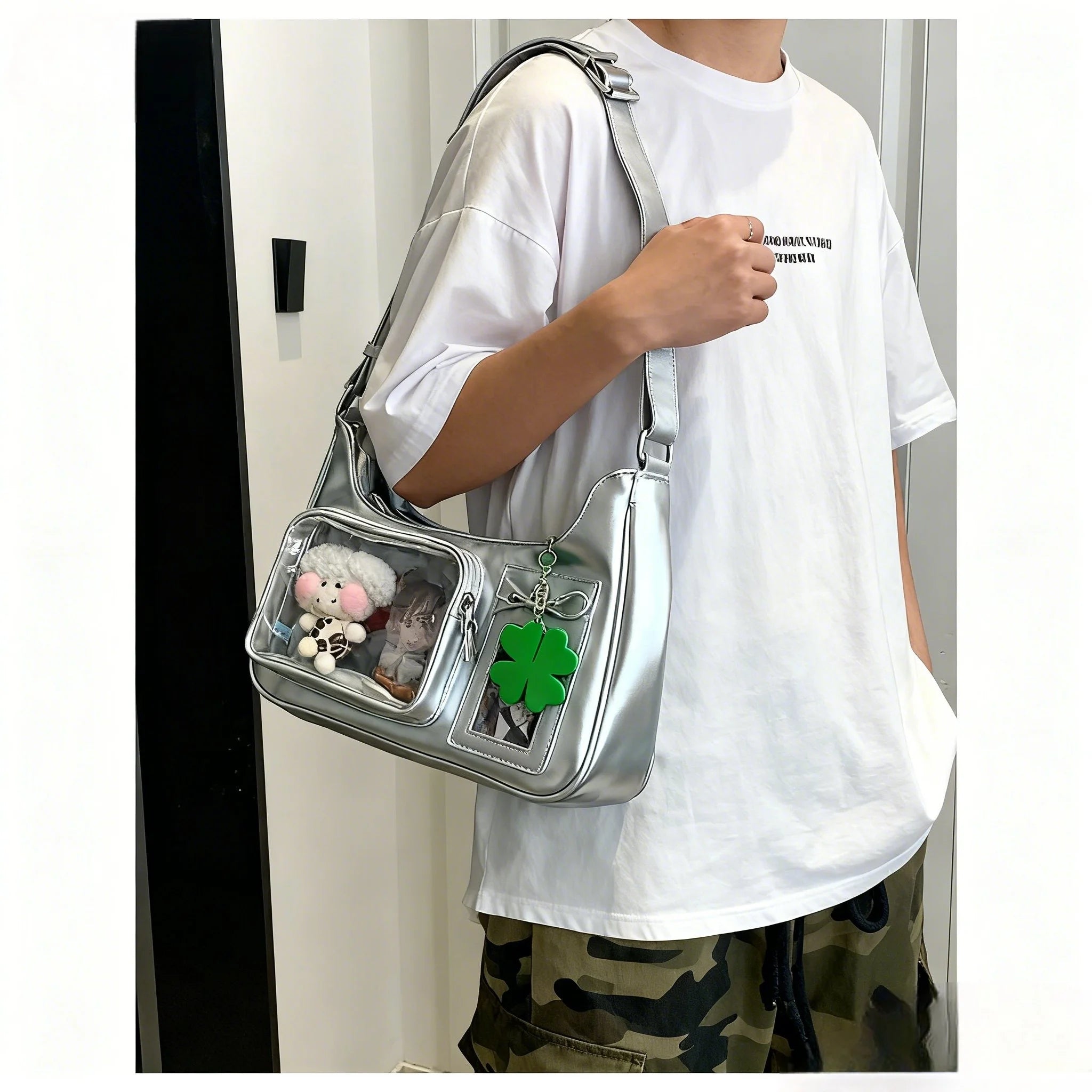 Y2K Harajuku Damen Schultertasche – Transparent Ita Bag im koreanisch-japanischen Preppy-Stil mit Schleife, Sac à main bandoulière