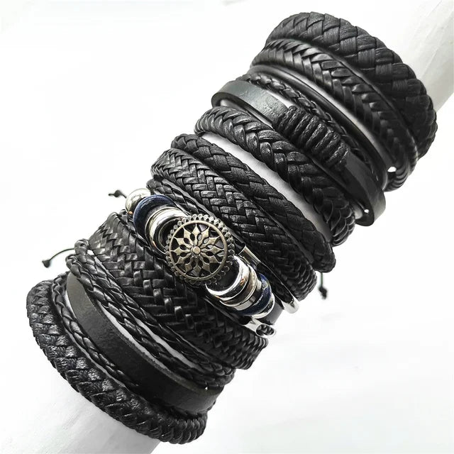 10er Set Lederarmbänder Unisex – Handgefertigte schwarze Wickelarmbänder im Casual & Sporty Style, größenverstellbar