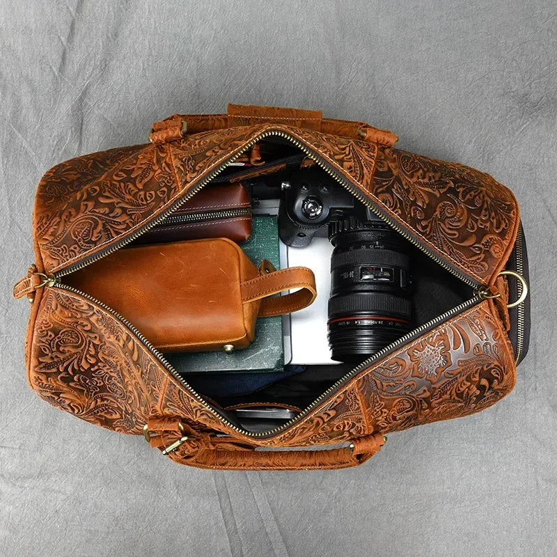 Vintage Reisetasche aus echtem Leder 52 cm - Große Crazy Horse Cowhide Travel Duffle mit Schultergurt, hochwertige Wochenendtasche für Herren 