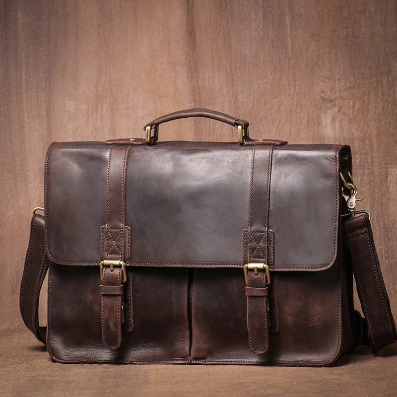 LUOKIR Vintage Herren Aktentasche aus echtem Crazy-Horse-Leder – Luxus Leder Messenger &amp; Laptoptasche für 14 Zoll, Business &amp; Reisen