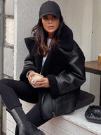 Damen Kunstleder Jacke Herbst &amp; Winter – Schwarze Zip-Jacke mit Umlegekragen, lockerer Schnitt, Warme Streetwear Lederjacke