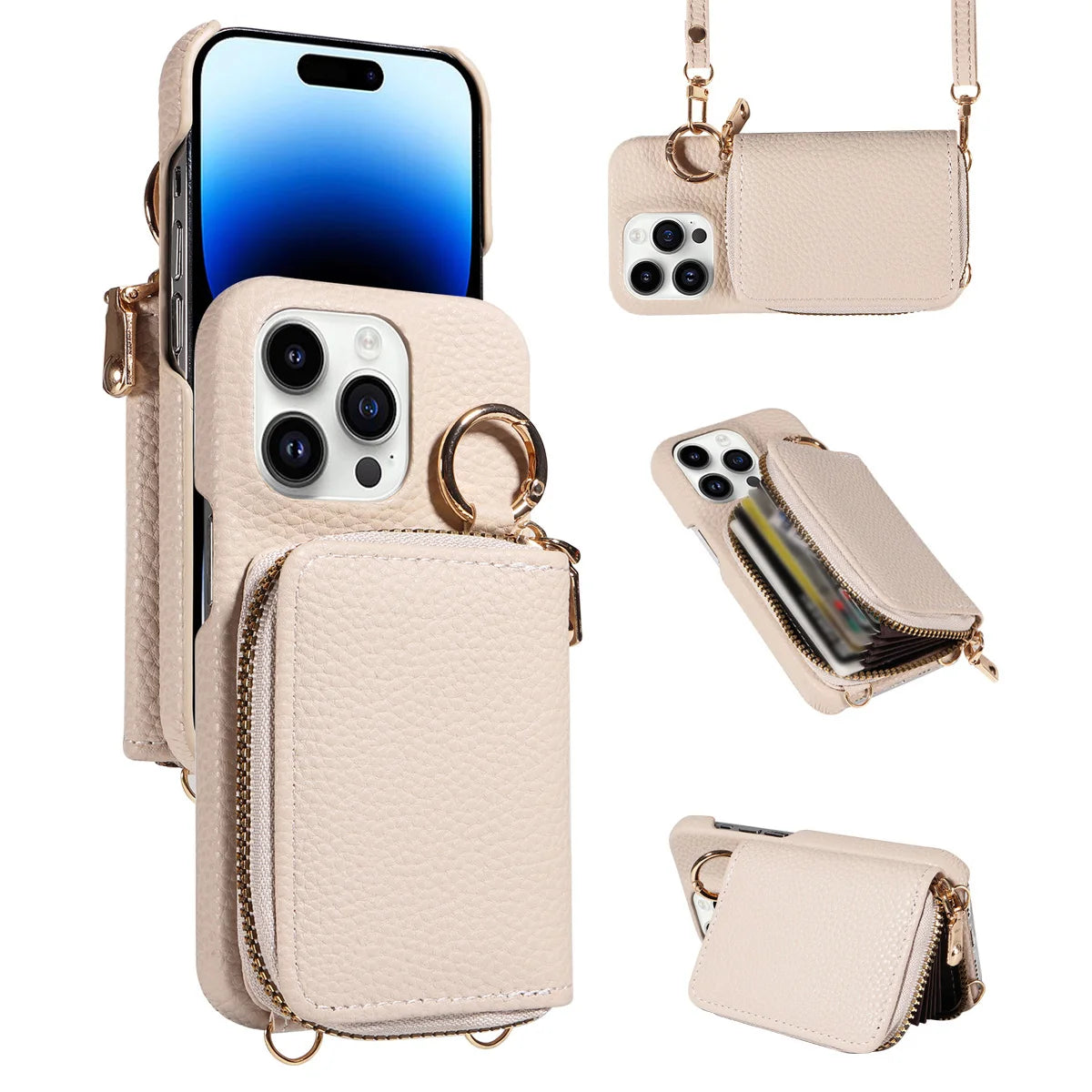 Hochwertige Faux-Leder Umhänge-Handyhülle für iPhone 16e 16 15 14 13 12 11 Pro Max – Crossbody Wallet mit Kartenfach, Stoßfest & Anti-Degaussing