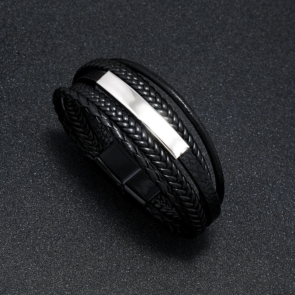 Herren Lederarmband mit Edelstahl & geflochtenem Design – Mehrlagiges Vintage Armband 21 cm für stilbewusste Männer