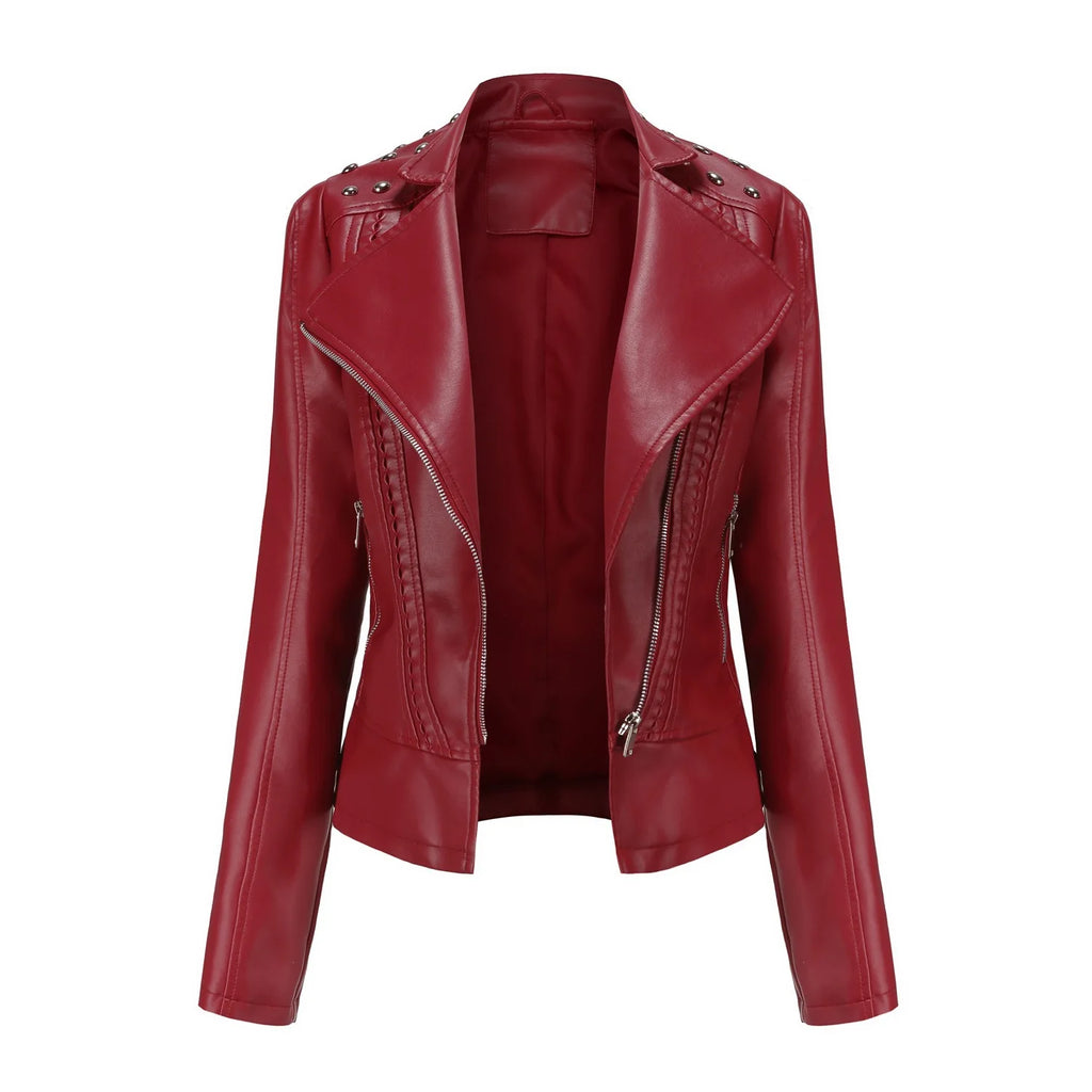 Damen Punk Biker Lederjacke mit Nieten – Kurze Slim Fit Faux Leather Jacke mit Reverskragen, Retro Moto Jacke für Frühjahr & Herbst
