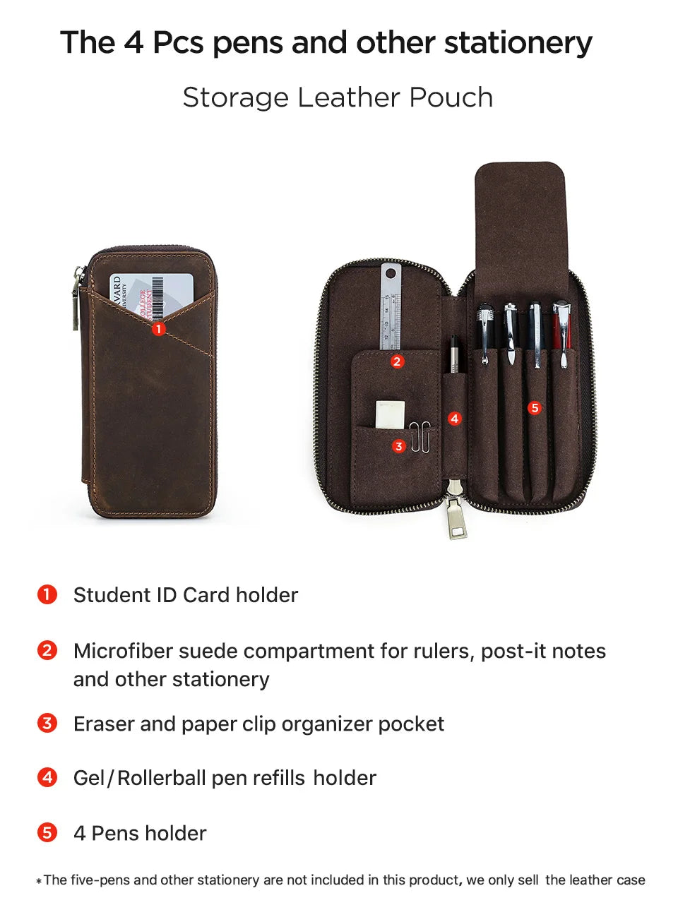 Handgefertigtes Leder Stifteetui mit 4 Fächern – Vintage Crazy Horse Pen Case mit Reißverschluss für Füllfederhalter & Büro