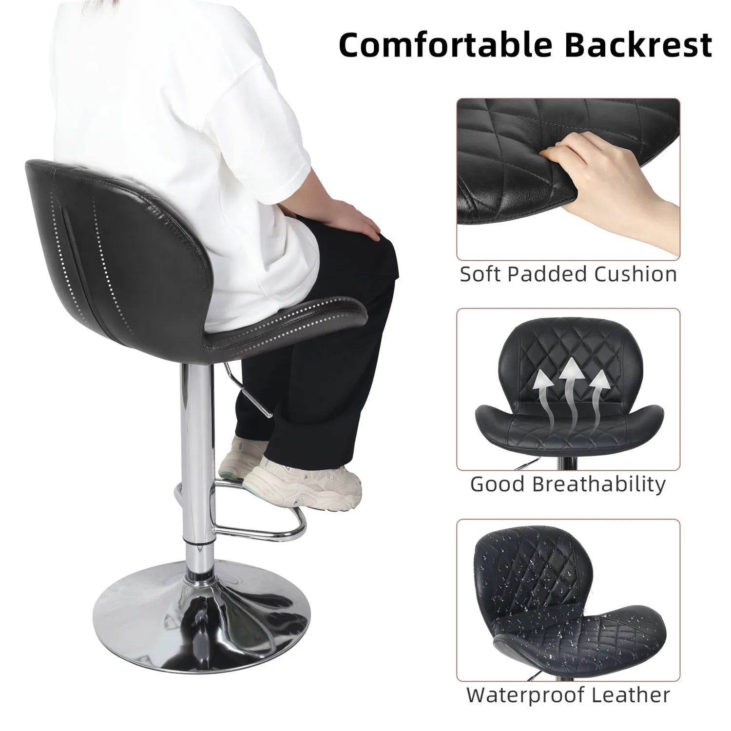 Weiße Barhocker 2er Set – Höhenverstellbare 360° Dreh-Barstühle aus Kunstleder mit Rückenlehne & Edelstahl-Fußstütze