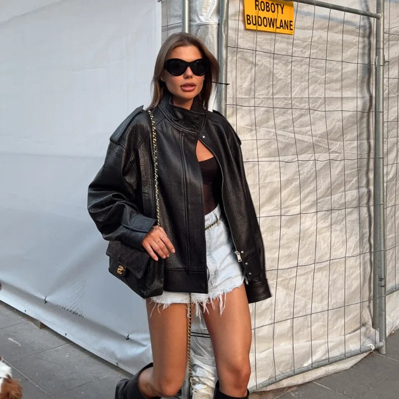 Damen Vintage Kunstleder Jacke Herbst & Winter 2025 – Kurze Y2K Streetwear Jacke mit Reißverschluss & Reverskragen, Casual High-Street Look