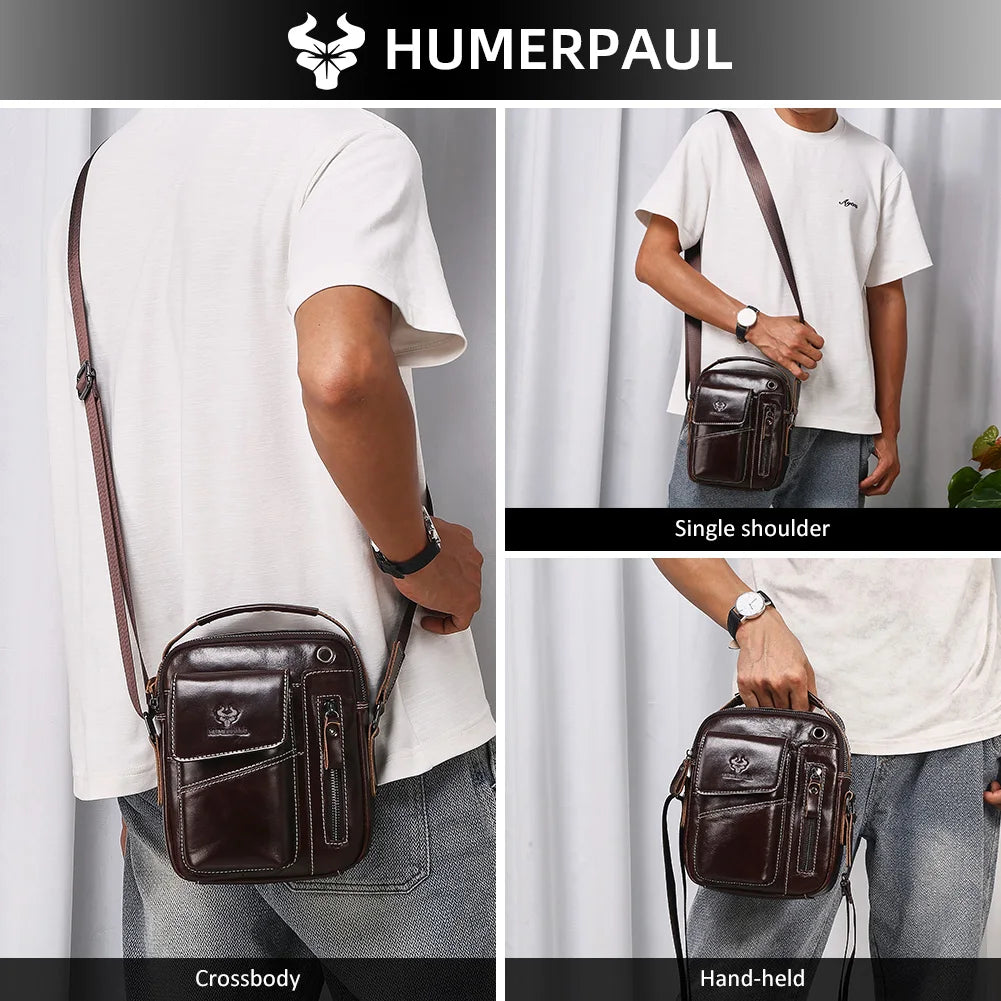 HUMERPAUL Herren Leder Messenger Bag – Vintage Crossbody Umhängetasche mit Mehreren Fächern für Business & Alltag