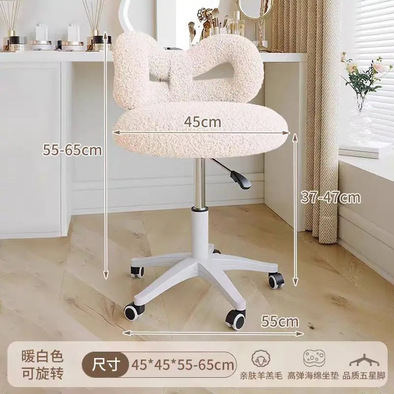 Premium Make-up Stuhl aus Leder – Drehbarer &amp; höhenverstellbarer Schminkstuhl in Creme mit Schleifen-Rückenlehne