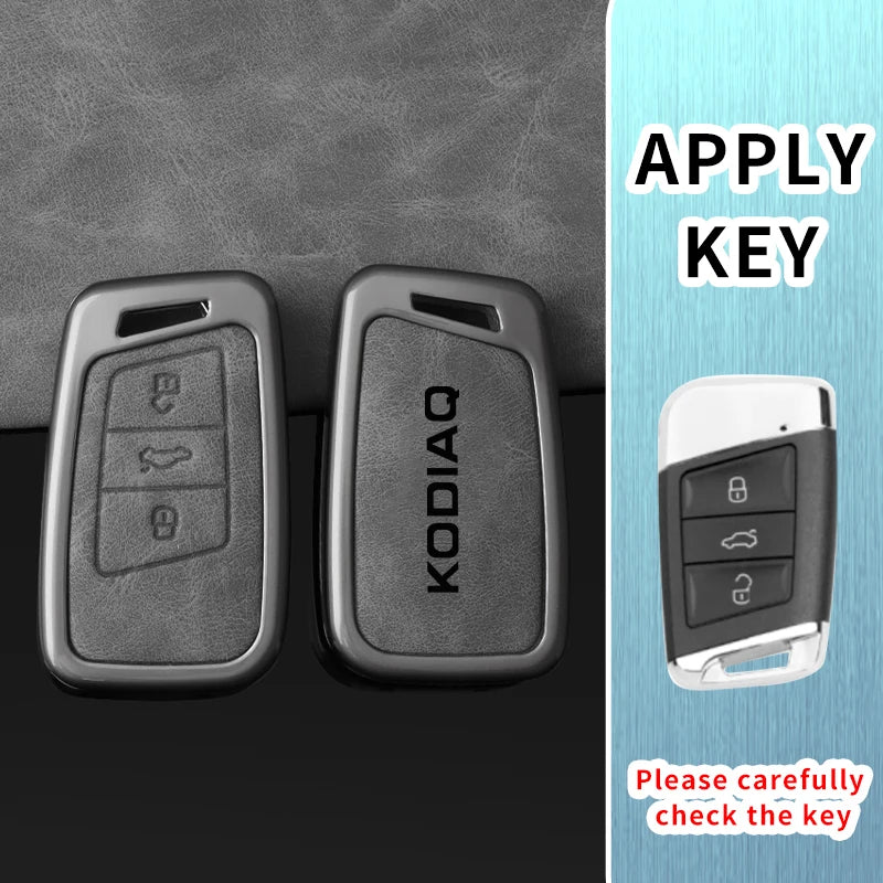 Premium Leder-Metall Autoschlüssel Hülle für Skoda Kodiaq – Elegantes Keyless Key Case Cover mit robuster Schutzhülle