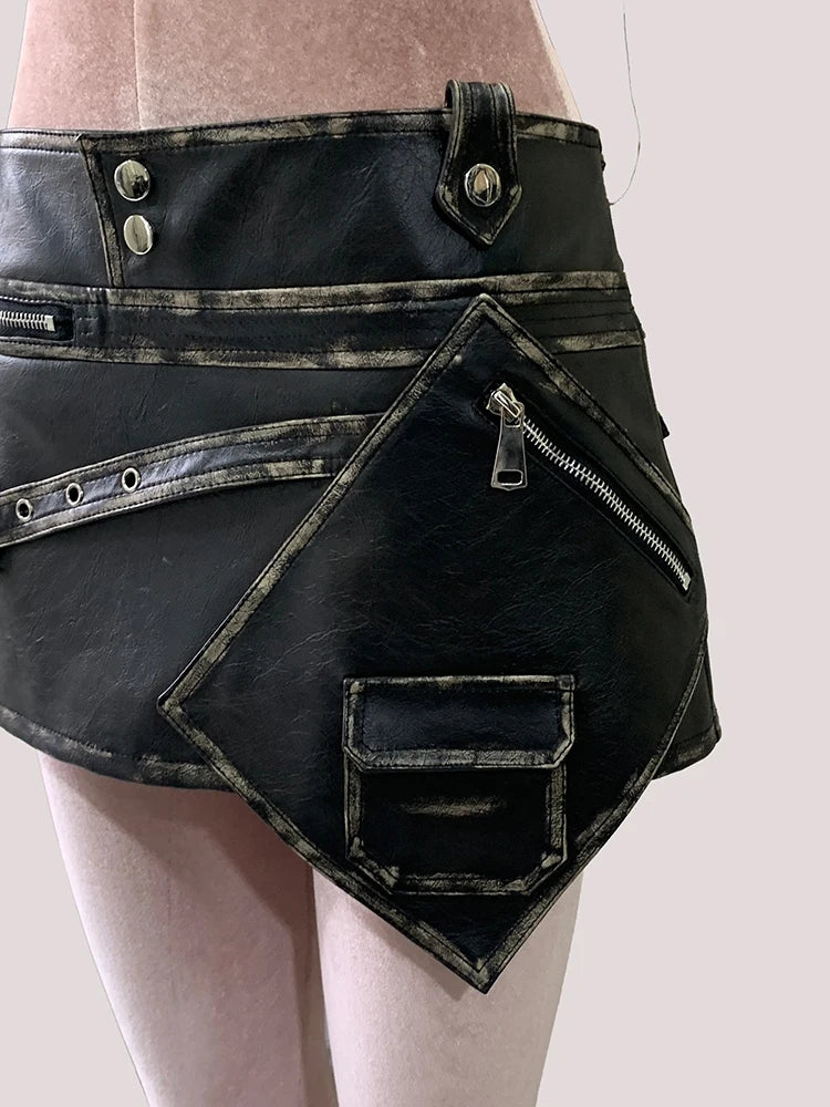 Damen PU Leder Minirock asymmetrisch – Schwarzer High-Waist Rock im Vintage Look, Distressed Emo Style für Sommer & Night-Out