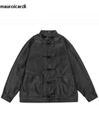 Mauroicardi Herren Oversized PU Lederjacke – Vintage Distressed Designerjacke mit Stehkragen im chinesischen Stil für Frühling & Herbst