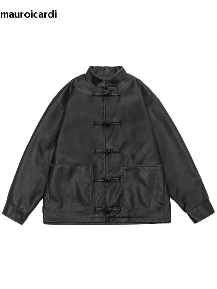 Mauroicardi Herren Oversized PU Lederjacke – Vintage Distressed Designerjacke mit Stehkragen im chinesischen Stil für Frühling & Herbst