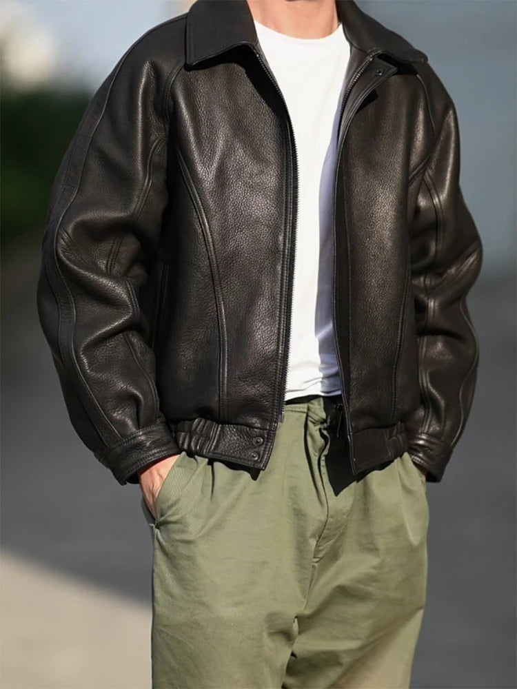 Herren PU-Lederjacke in Schwarz – Vintage Designer Jacke im American Style, Loose Fit mit Reißverschluss für alle Jahreszeiten