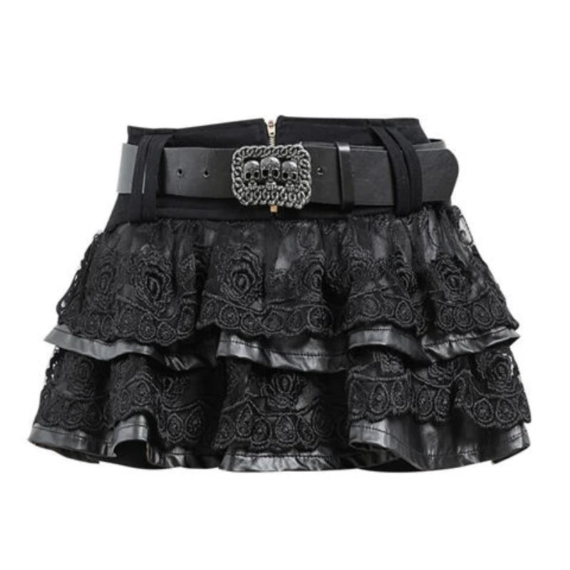Damen PU Leder Minirock im Punk & Gothic Style – Schwarzer Lace Patchwork Rock mit Gürtel, Y2K Harajuku Minirock für Streetwear & Club