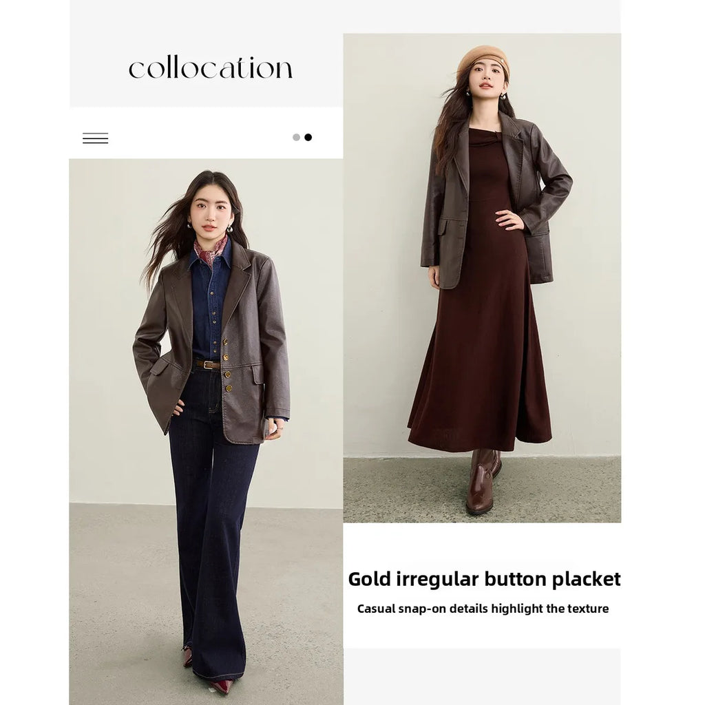 Sentubila Damen PU Lederjacke – Kaffee-Farbener Biker-Style Mantel mit Reverskragen, Lange Ärmel, Winddicht für Herbst & Winter