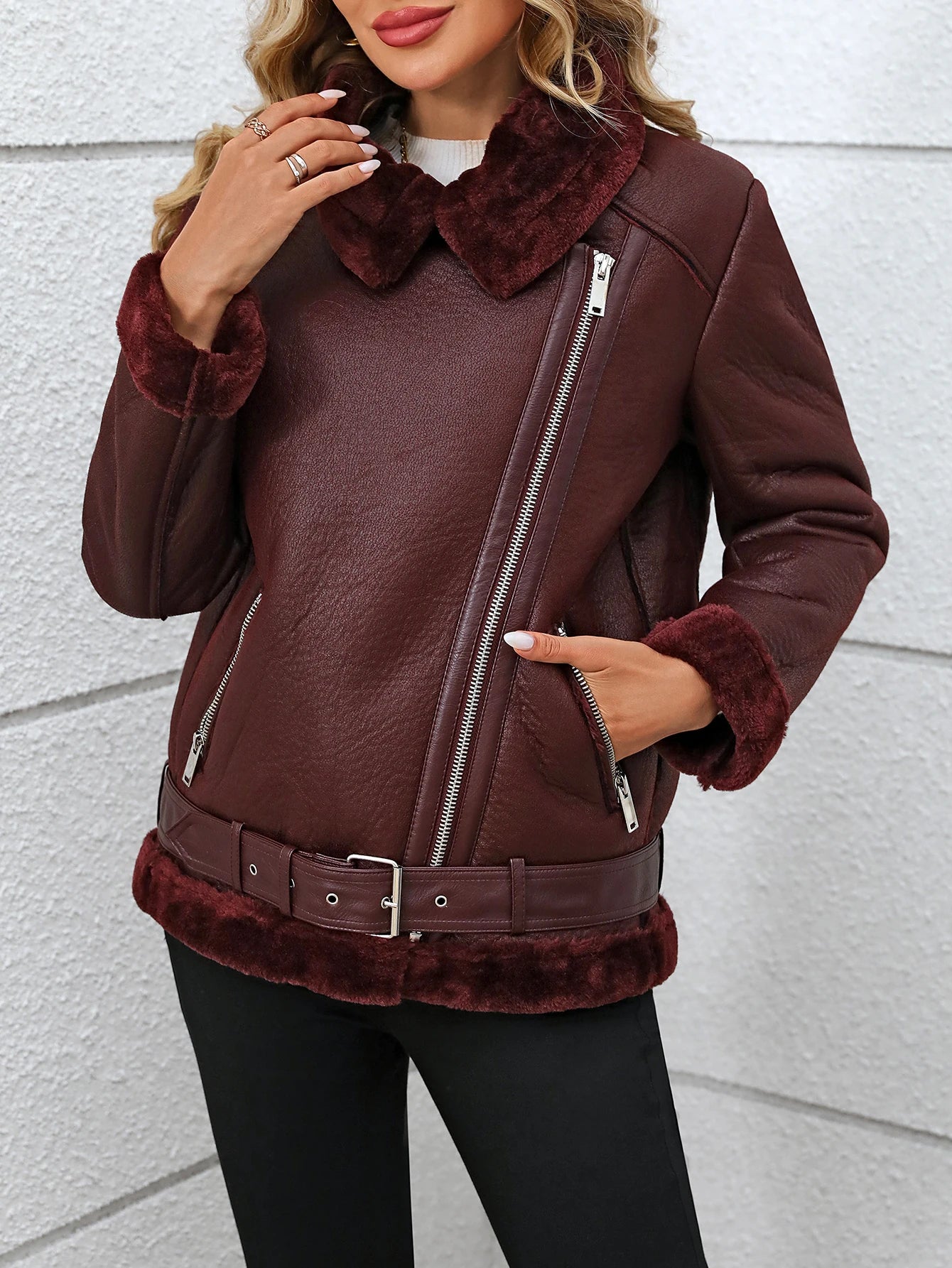 Damen PU Lederjacke mit Kunstfell – Warme Winterjacke für Frauen, Casual Motorrad-Look, Dicke Lederjacke für Herbst & Winter