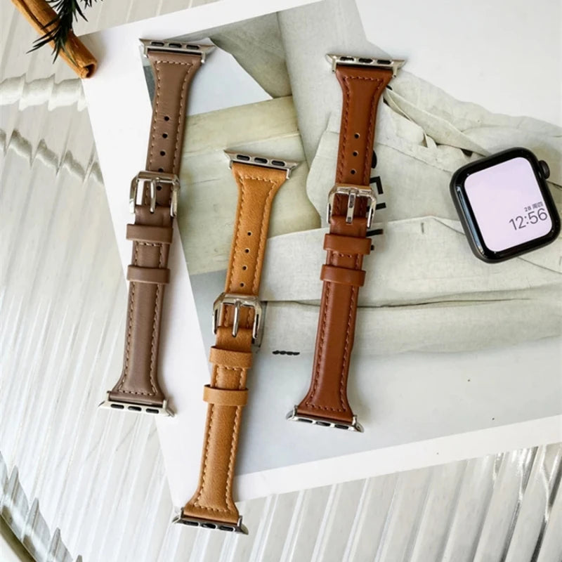 Schmales Lederarmband für Apple Watch – Slim Leather Strap 38–45 mm für Series 3–10, SE & Ultra | Elegantes Wristband aus Leder
